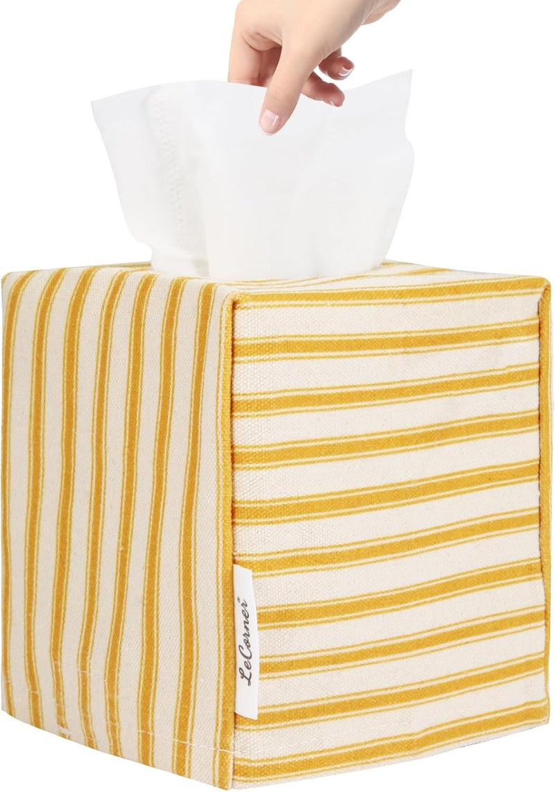 LeCorner Tissue Box Cover, Fabric Tissue Box Holder Square, Stylish Toilet Paper Storage, Modern Bathroom Counter Organizer Decorations Accessories,Ticking Stripe 5''x5''x5'' (Ginger Yellow) - Image 1